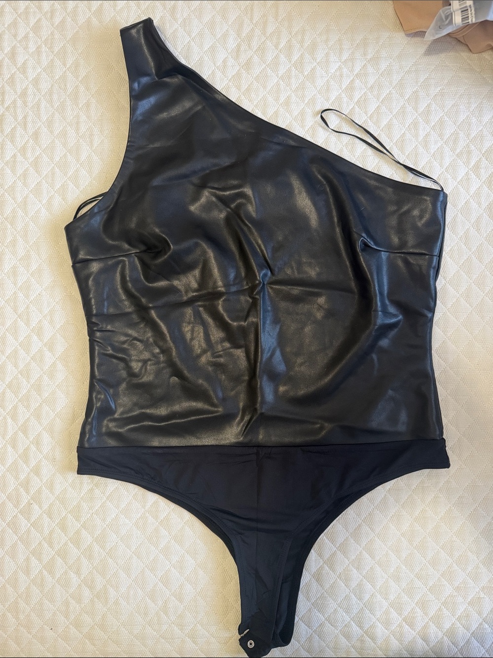 One-Shoulder Black Faux Leather Bodysuit